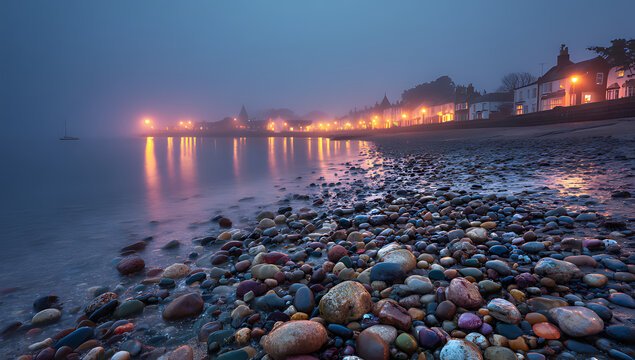 A misty beach at dusk with colorful pebbles scatt