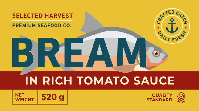 Design for packaging label featuring bream in tomato sauce by Selected Harvest Premium Seafood Co with quality mark