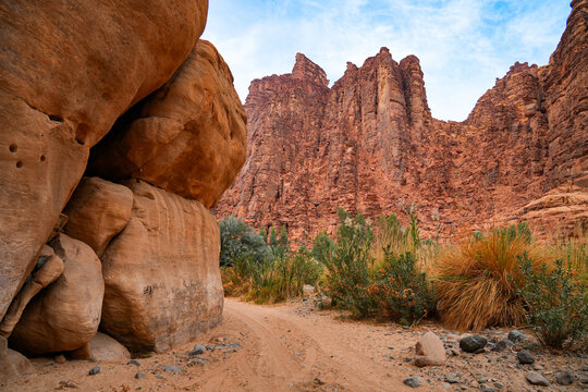 The majestic sandstone mountains of Wadi Al Disah near Tabuk in Saudi Arabia