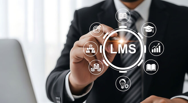 Businessman touching LMS Learning Management System icon for online education training