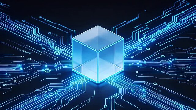 Blue glowing cube on circuit board