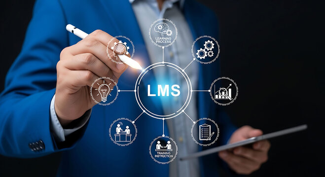 Business professional using digital tablet for Learning Management System LMS concept