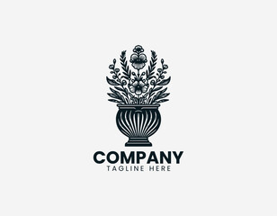 Fototapeta premium Seashell with blooming flowers is illustrated in clean detailed botanical line vector logo style on white background