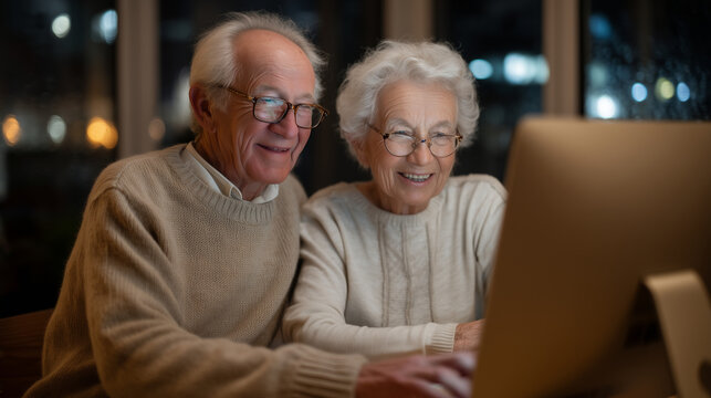Elderly couple reviewing joint financial accounts on desktop monitor, discovering unauthorized SIM-linked transaction in modest home office, rain streaking window beside desk, perfect for senior cyb