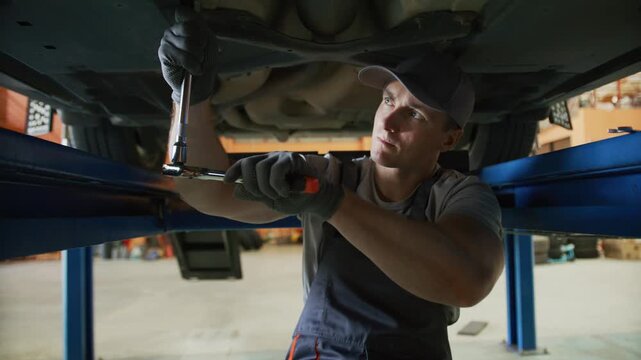 Focused auto mechanic repairing car undercarriage in a professional garage