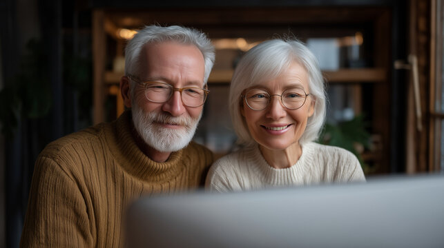 Elderly couple reviewing joint financial accounts on desktop monitor, discovering unauthorized SIM-linked transaction in modest home office, rain streaking window beside desk, perfect for senior cyb