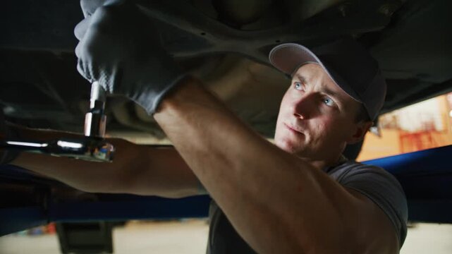 Focused auto mechanic repairing car undercarriage in a professional garage