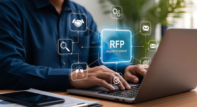 Business professional working on laptop managing digital RFP request for proposal