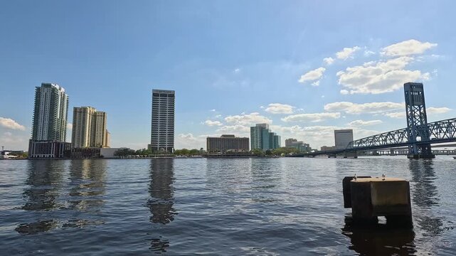footage of skyscrapers and office buildings along the St. John&rsquo;s River in Jacksonville Florida USA