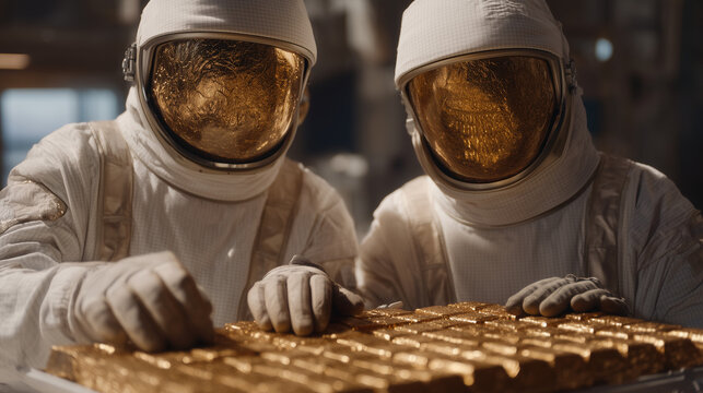 Multicultural aerospace engineers assembling a cubesat array in a white cleanroom environment under harsh fluorescent lighting, golden foil insulation reflecting in their visors, perfect for satelli