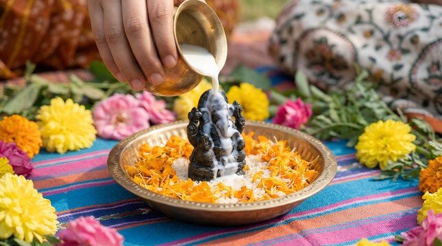 Lord Ganesh Abhishekam Ritual with Milk Offering. Indian woman performing snan ritual by pouring curd on (Ganpati) Hindu god Ganesh, during. 
