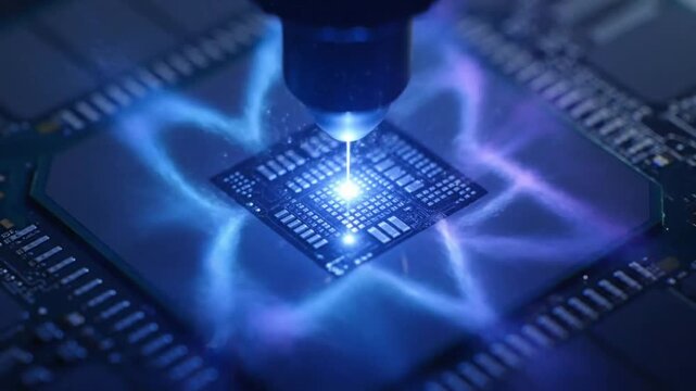 Advanced Microchip Undergoing Laser Etching Process for Next-Generation Computing.