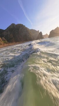 FPV drone capturing Praia da Ursa landscape in Portugal with cliffs and ocean at sunset.
4K high quality cinematic footage.