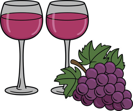 Two glasses of red wine with purple grapes, vector illustration for winery and celebration