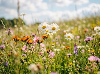 Fototapeta premium Vibrant wildflower meadow with white daisies and colorful blossoms under a bright summer sky creating a serene natural landscape