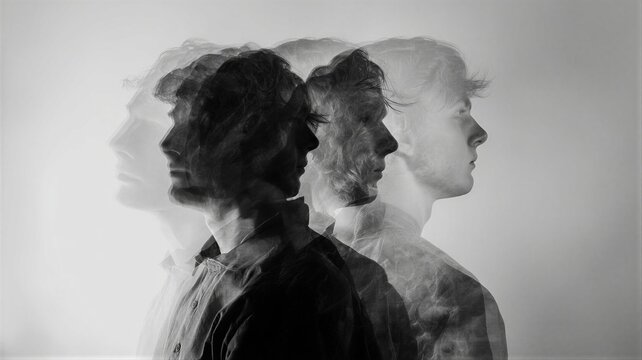 Man with multiple exposure effect showing split personality. Psychological dissociation and mental health disorder concept. Abstract portrait of individual facing inner emotional turmoil.