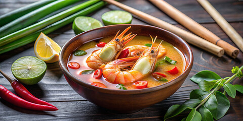 A bowl holds a spicy shrimp soup with large shrimp, herbs, and red chili peppers. Fresh lime slices and green onion sit nearby on a wooden table