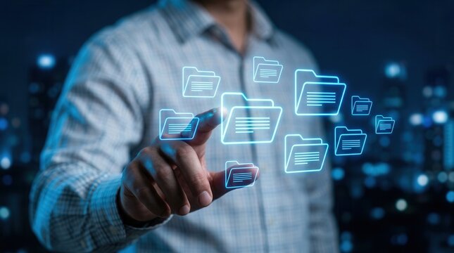 An innovative concept of enterprise content management (ECM) and digital data control, featuring a hand touching floating file icons.