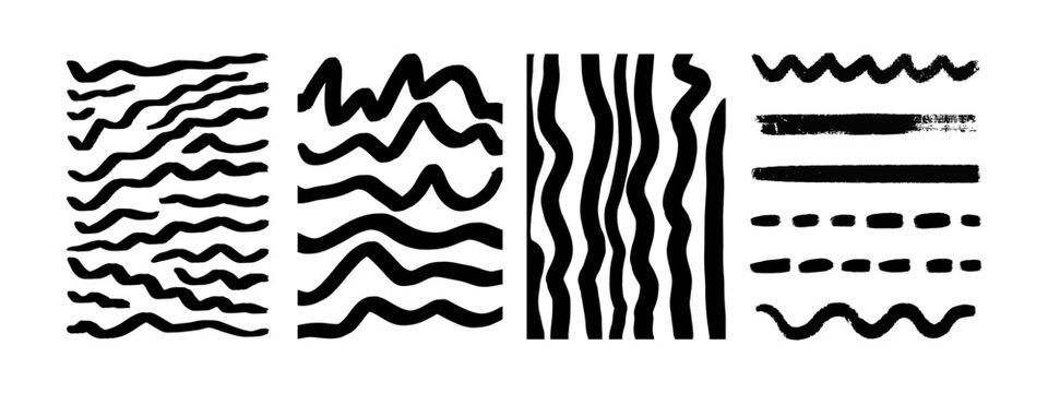 Set of hand drawn abstract bold lines and brush figures. Vector hand drawn modern artistic elements. Quirky irregular lines. Design template in minimalist style