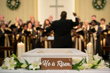 Easter Sunday church service with choir and conductor in front of casket with He is Risen sign