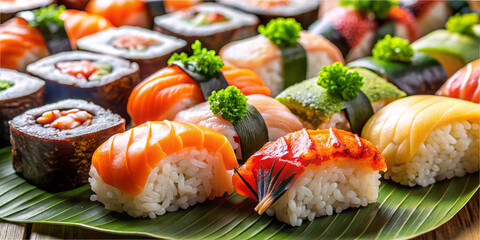 Plates are filled with different types of sushi including rolls and sashimi. Ingredients include rice, fish, and vegetables. The display is colorful and arranged carefully on a green leaf