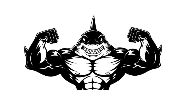 Muscular aquatic predator with shark head and human-like body flexes biceps in a bold illustration