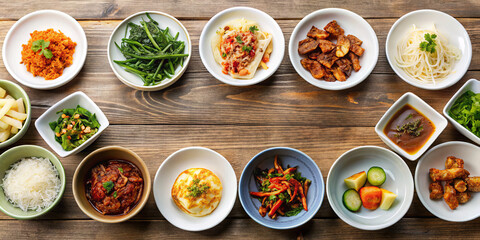 A collection of many dishes is arranged on a wooden table. Each bowl holds different types of food, showing choices for a meal. The scene shows a variety of colors and styles