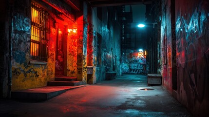 Fototapeta premium Empty urban alleyway with colorful graffiti walls illuminated by vibrant neon lights at night