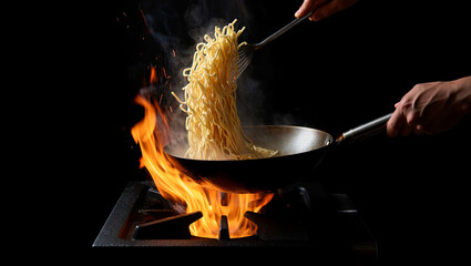 A chef lifts cooked noodles from a hot pan, steam and flames rise around it. The action takes place in a dark kitchen, highlighting the intense heat of the cooking process