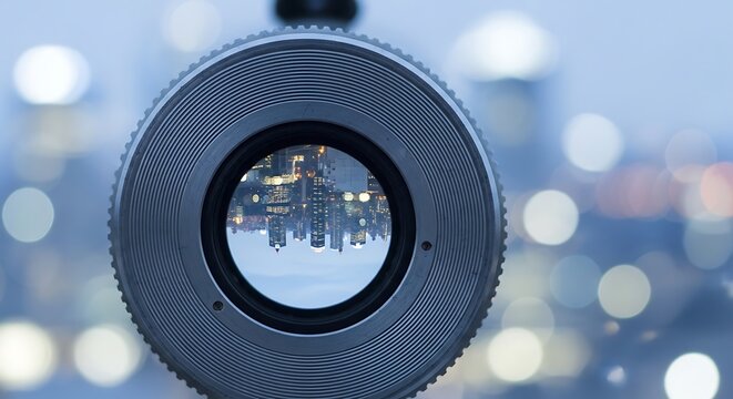 City skyline framed by a telescope lens, with buildings, lights and a blurred background