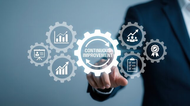 Digital gears illustrate the continuous improvement concept, aiding project and process management for enhanced business efficiency and innovation.