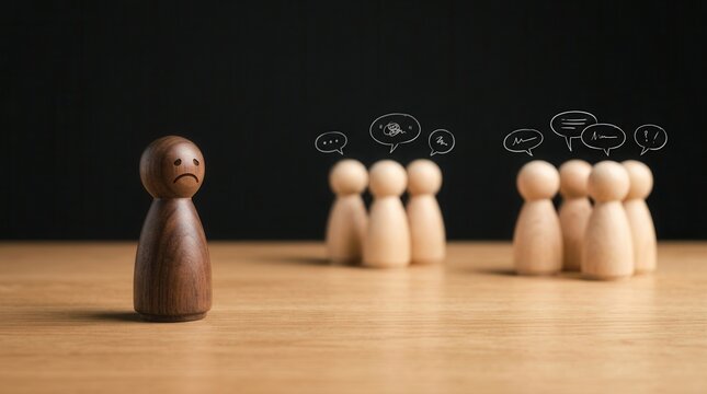 This image illustrates the impact of bullying and isolation on mental health, featuring a sad wooden figure separated from a social group.