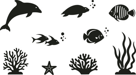 Obraz premium Set of sea animals and underwater plants silhouettes