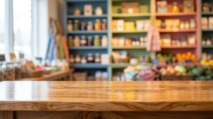 Fototapeta premium Empty wooden table top in blurry grocery store interior with colorful shelves and organic products.