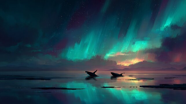 Enthralling spectacle of orcas surfacing under the magical northern lights display