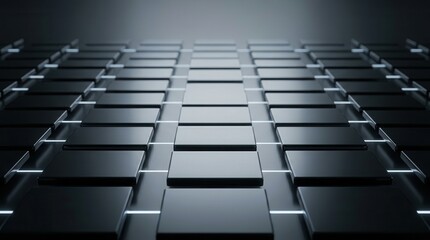 Naklejka premium A striking array of glossy black square tiles with a reflective surface powerfully evokes modern technology, network grids, and digital infrastructure.