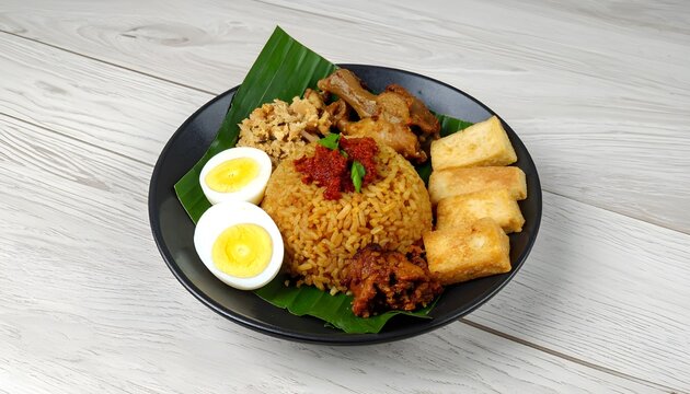indonesian nasi liwet with chicken, boiled egg, tofu, tempeh, and sambal, served on a plate on a plain wooden table, top-down view, clean and aesthetic food styling