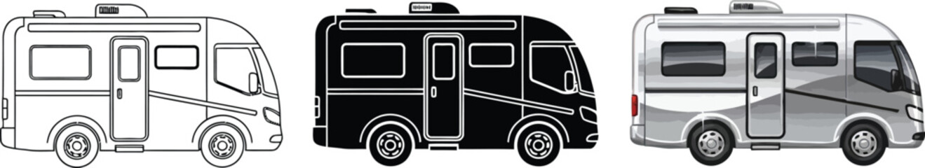Set of camper van icons outline silhouette and detailed vector illustrations for travel and recreation themes isolated on white © Ahmad