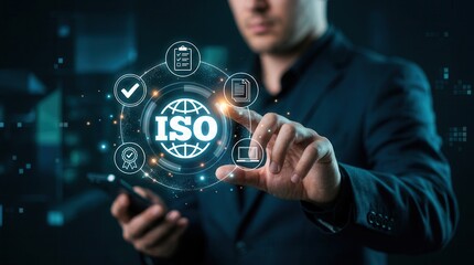 Fototapeta premium Digital concept of ISO standards quality control, with a professional touching the icon for international certification and business conformity assurance.