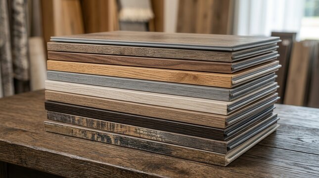 A curated stack of luxury vinyl plank samples displaying realistic wood grain, appealing texture, and color variation for LVP flooring selection.
