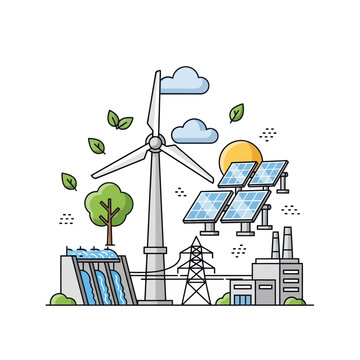 Renewable energy sources solar panels wind turbine hydro power plant eco friendly sustainable power generation