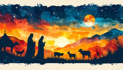 Fototapeta premium Artistic watercolor illustration of the biblical nativity scene with Joseph Mary and animals under a starry night sky during a sunset