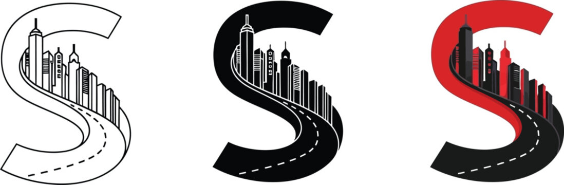 Stylized letter S with cityscape and road graphic design element for branding and identity vector illustration