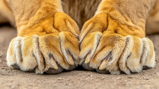 Close-up of a lion's paw, massive, sharp claws retracted, powerful 