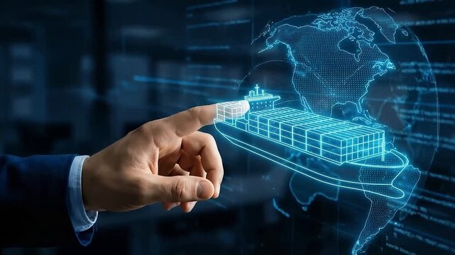 Cinematic close-up of businessman bare hand pointing at glowing holographic cargo ship and digital earth globe
