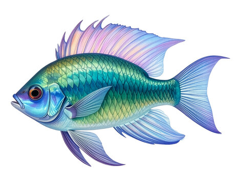 Colorful fish swimming in water with simple isolated background illustration