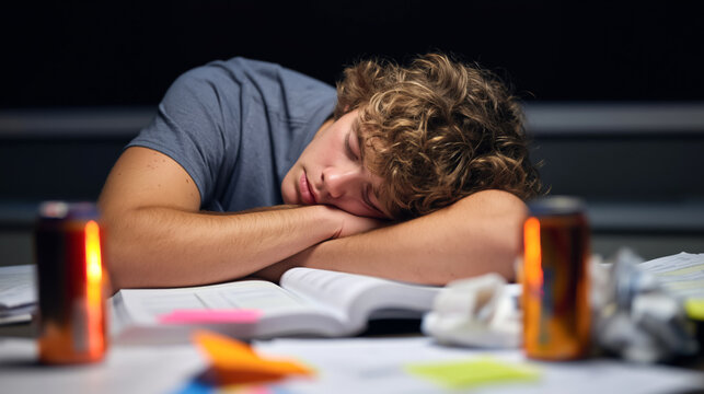 Young caucasian male teen asleep over homework surrounded by energy drinks