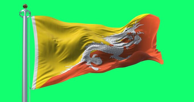 Bhutan national flag waving in the wind isolated on green background