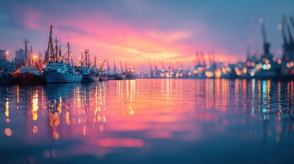 Naklejka premium Dockyard blur with cargo ships and industrial transport network
