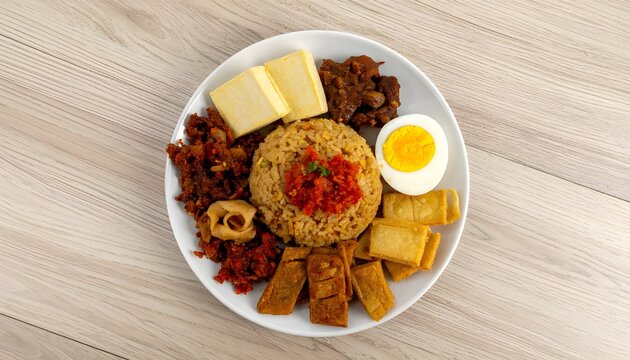 indonesian nasi liwet with chicken, boiled egg, tofu, tempeh, and sambal, served on a plate on a plain wooden table, top-down view, clean and aesthetic food styling
